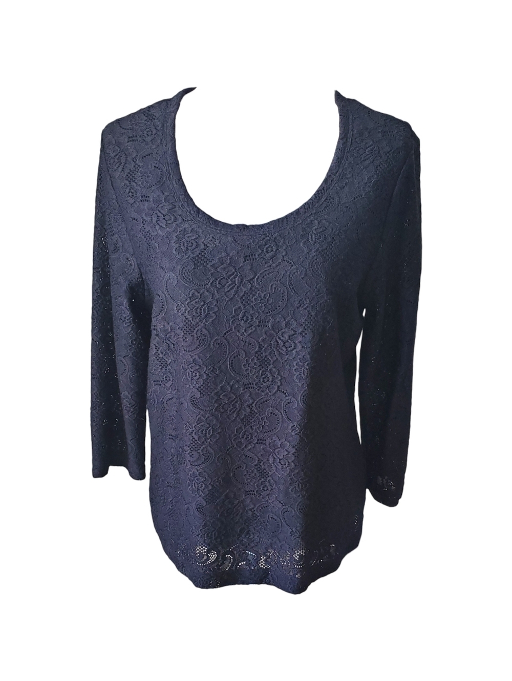 French Laundry Black Lace 3/4 Sleeve Lined Top Scoop Neck Romantic Size L